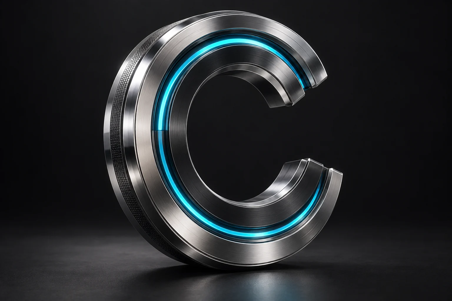 Sculptural chrome control ring with a precise cyan inner channel